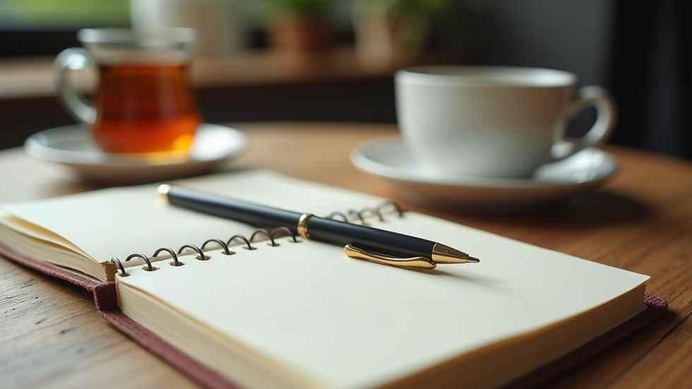 Close-up view of a journal and pen on a wooden table with a cup of herbal tea