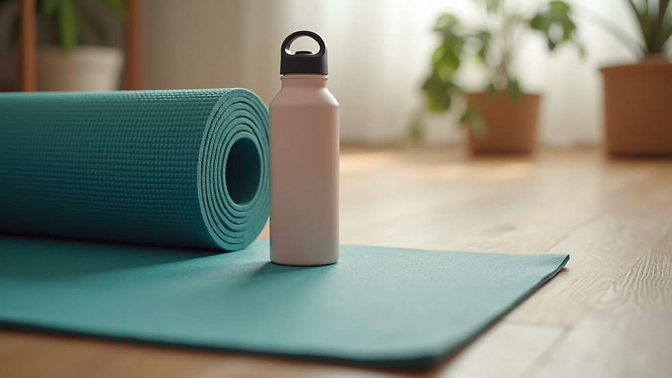 Close-up view of a yoga mat and a water bottle on wooden floor