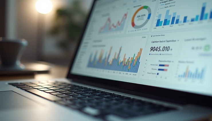 Eye-level view of a laptop screen showing Google Ads dashboard with campaign data