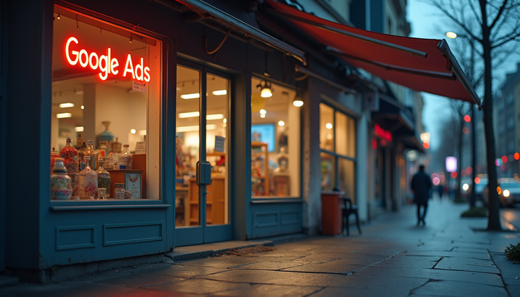 Eye-level view of a small storefront with a bright Google Ads sign outside