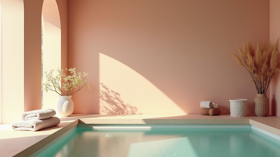 Wide angle view of a serene spa environment with calming decor