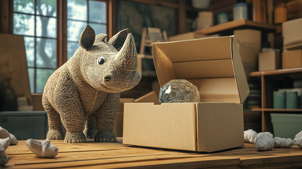 Cardboard rhino placing a fragile item in a padded box illustrating protective packaging for fragile items