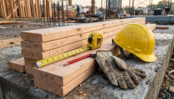 Close-up view of marked lumber, measuring tools, and a hard hat on a concrete slab