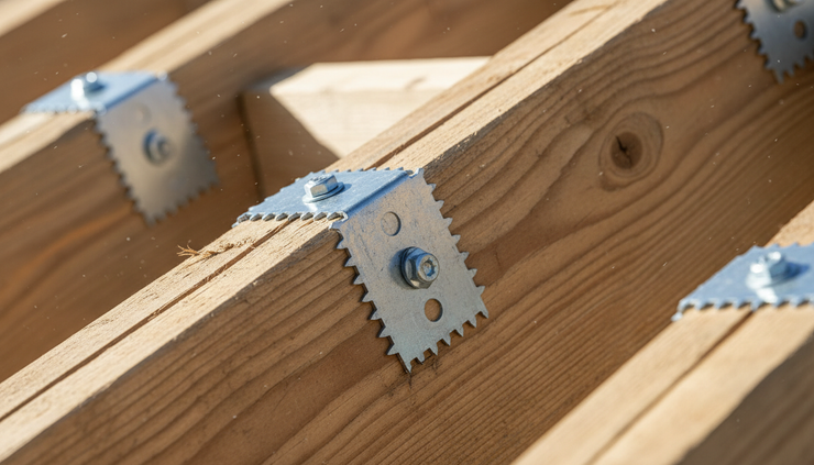 Close-up view of wood truss connector plates pressed into angled members.