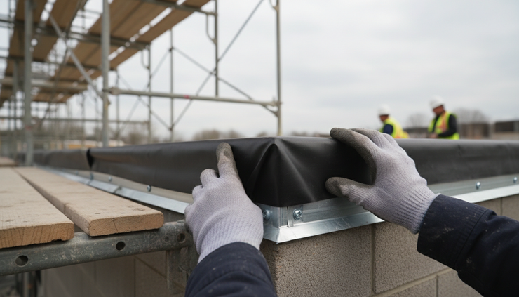 Close-up view of waterproofing detail on a commercial building exterior