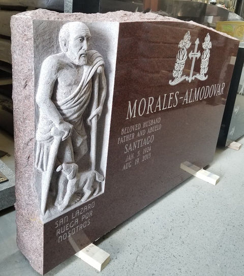 Amazing detailed granite hand carving of Saint Lazarus in India Red Granite