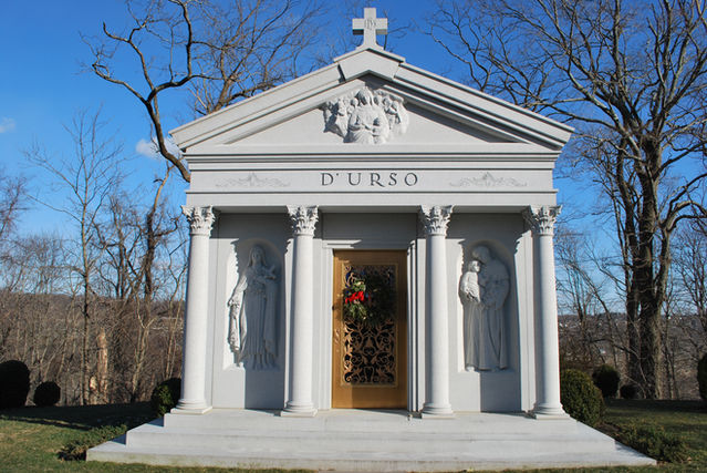 This private family mausoleum features a stunning hand-carving and several columns. It is located in Westchester County, NY.