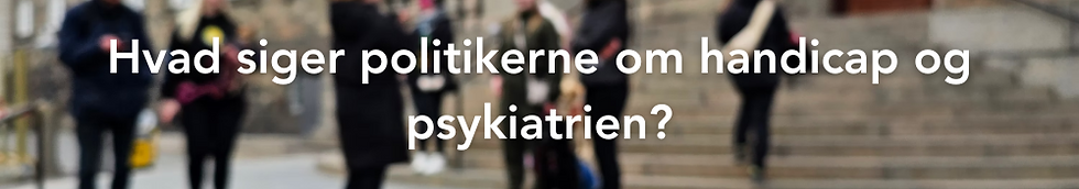 Et slørret billede af mennesker der står og snakker på trappen foran Christiansborg med teksten "Hvad siger politikerne om handicap og psykiatrien" i forgrunden.