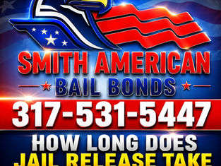 Smith American Bail Bonds glossy Indiana bail bonds flyer featuring patriotic eagle logo, 24/7 bail bond contact number 317-531-5447, and information about Indiana jail release times. Bright red, white, and blue design optimized for Noblesville, Hamilton County, and Indiana bail bond marketing.