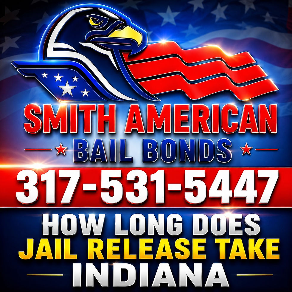 Patriotic eagle and flag graphic with "Smith American Bail Bonds" text, contact number, and a question about jail release in Indiana.