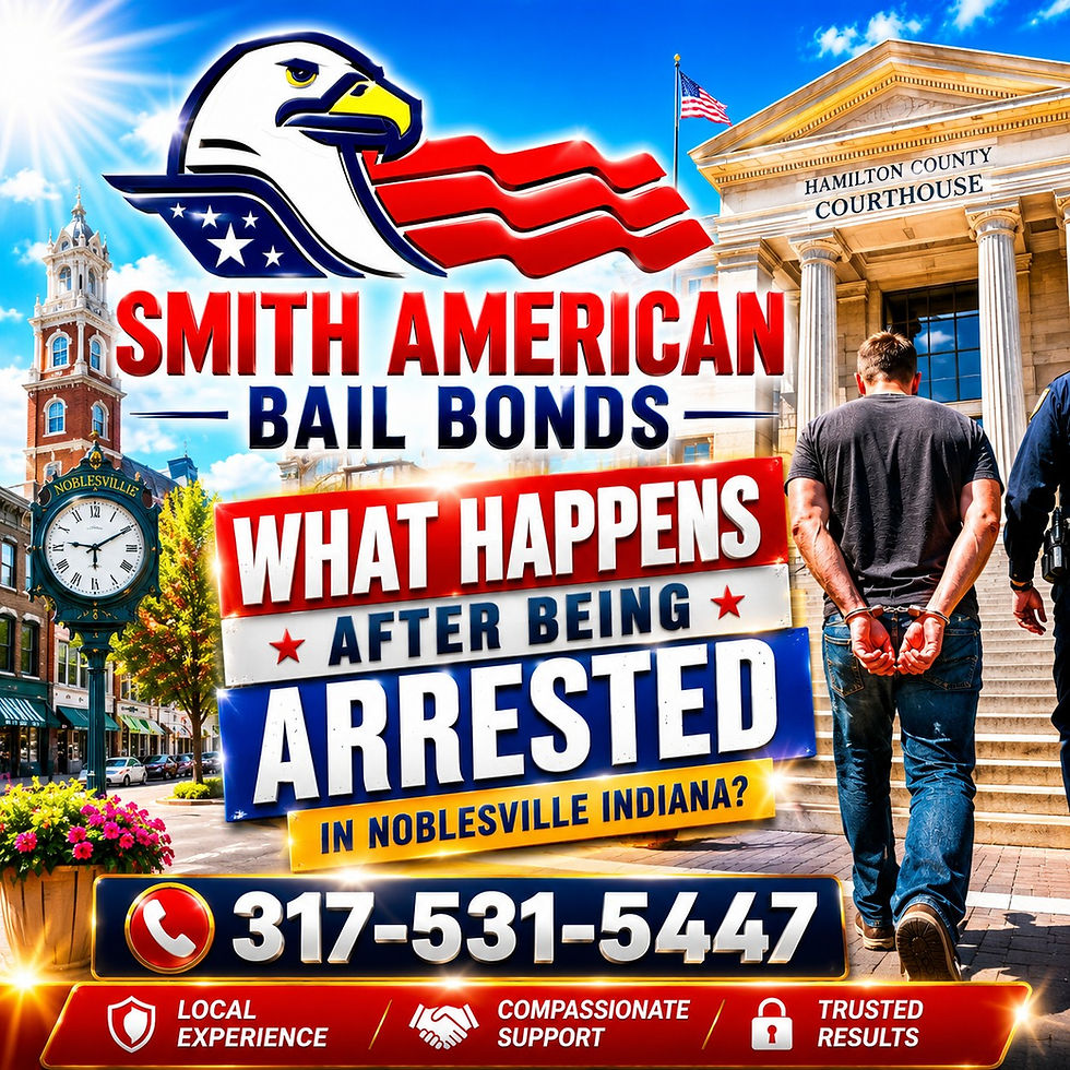 Bail bonds ad with man in handcuffs walking to courthouse; text: Smith American Bail Bonds, What Happens After Being Arrested?
