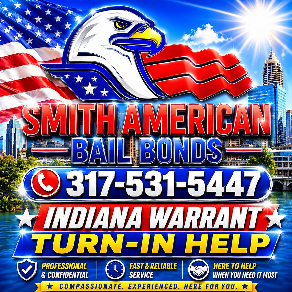 Bail bond ad with a bald eagle, American flag, city skyline. Bold text includes Smith American Bail Bonds, 317-531-5447, Indiana Warrant Help.