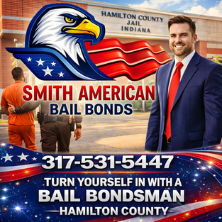 A smiling man in a suit stands outside Hamilton County Jail. An eagle logo and text read, "Smith American Bail Bonds, 317-531-5447." Patriotic colors.