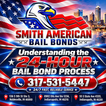 Smith American Bail Bonds 24-hour bail bond process flyer featuring a white eagle logo, phone number 317-531-5447, and Noblesville and Indianapolis locations.