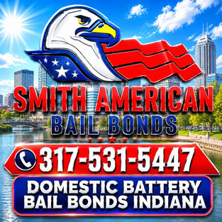 Glossy daytime flyer for Smith American Bail Bonds featuring a patriotic eagle logo, Indianapolis skyline background, bold red white and blue colors, phone number 317-531-5447, and Domestic Battery Bail Bonds Indiana