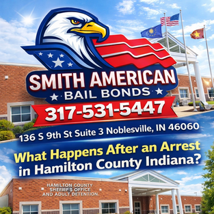 Glossy Smith American Bail Bonds flyer featuring the Hamilton County Jail in Noblesville, Indiana during daytime with sunlight, including phone number 317-531-5447, office address at 136 S 9th St Suite 3, and headline “What Happens After an Arrest in Hamilton County Indiana?” with patriotic eagle logo.