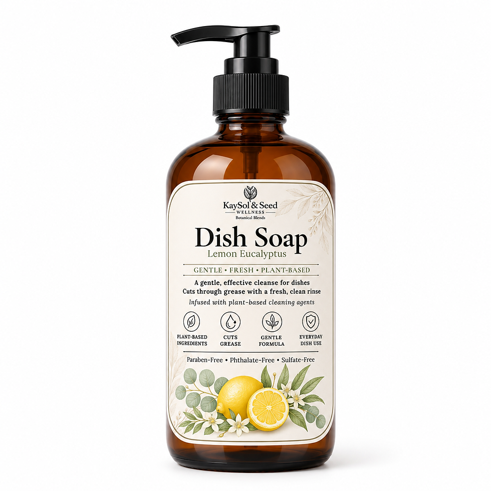 KaySol & Seed Wellness Lemon Eucalyptus Dish Soap in an 8 oz amber pump bottle with fresh lemon and eucalyptus botanicals on