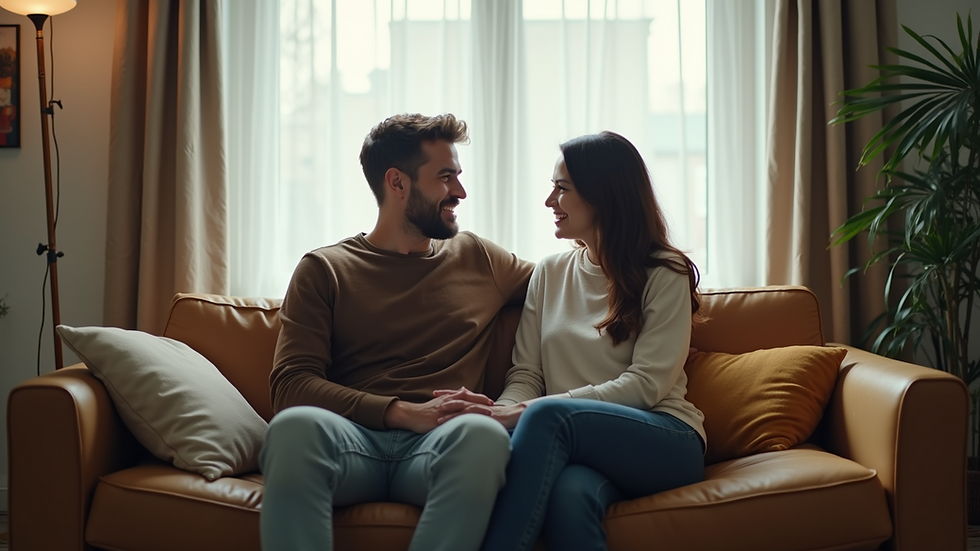 Eye-level view of a couple sitting together on a couch during a therapy session