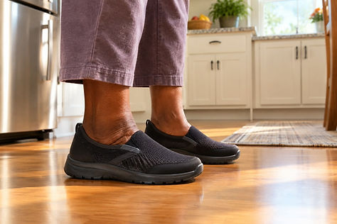 Elderly woman's feet in supportive non-slip shoes on a well-lit kitchen floor.