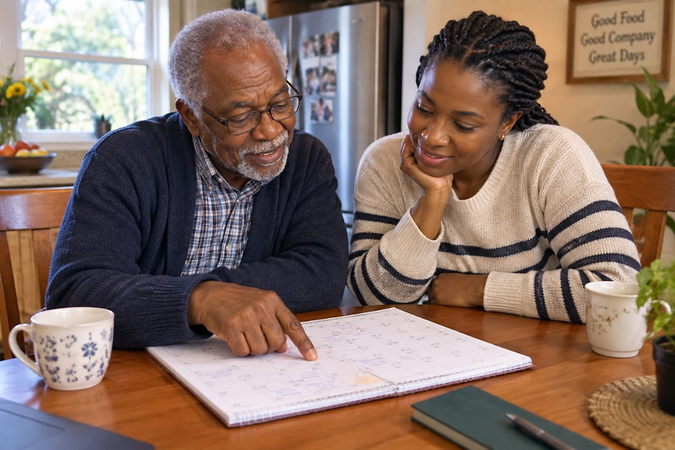 Elderly parent and adult child looking at a calendar together, with the parent pointing to a date.