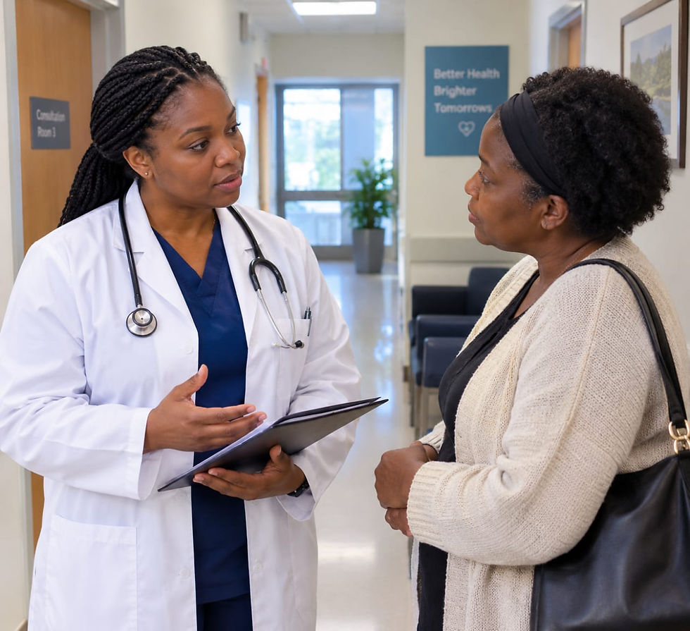 Doctor and adult family member in quiet conversation in a clinic hallway.