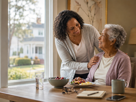 An elderly mother enjoying a warm, supportive moment with her adult daughter during a morning routine at home
