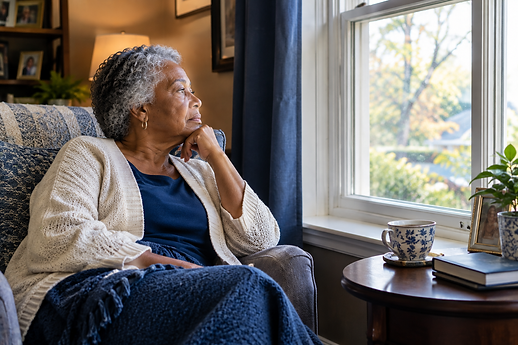 Elderly woman looking out of her living room window alone, a teacup beside her.