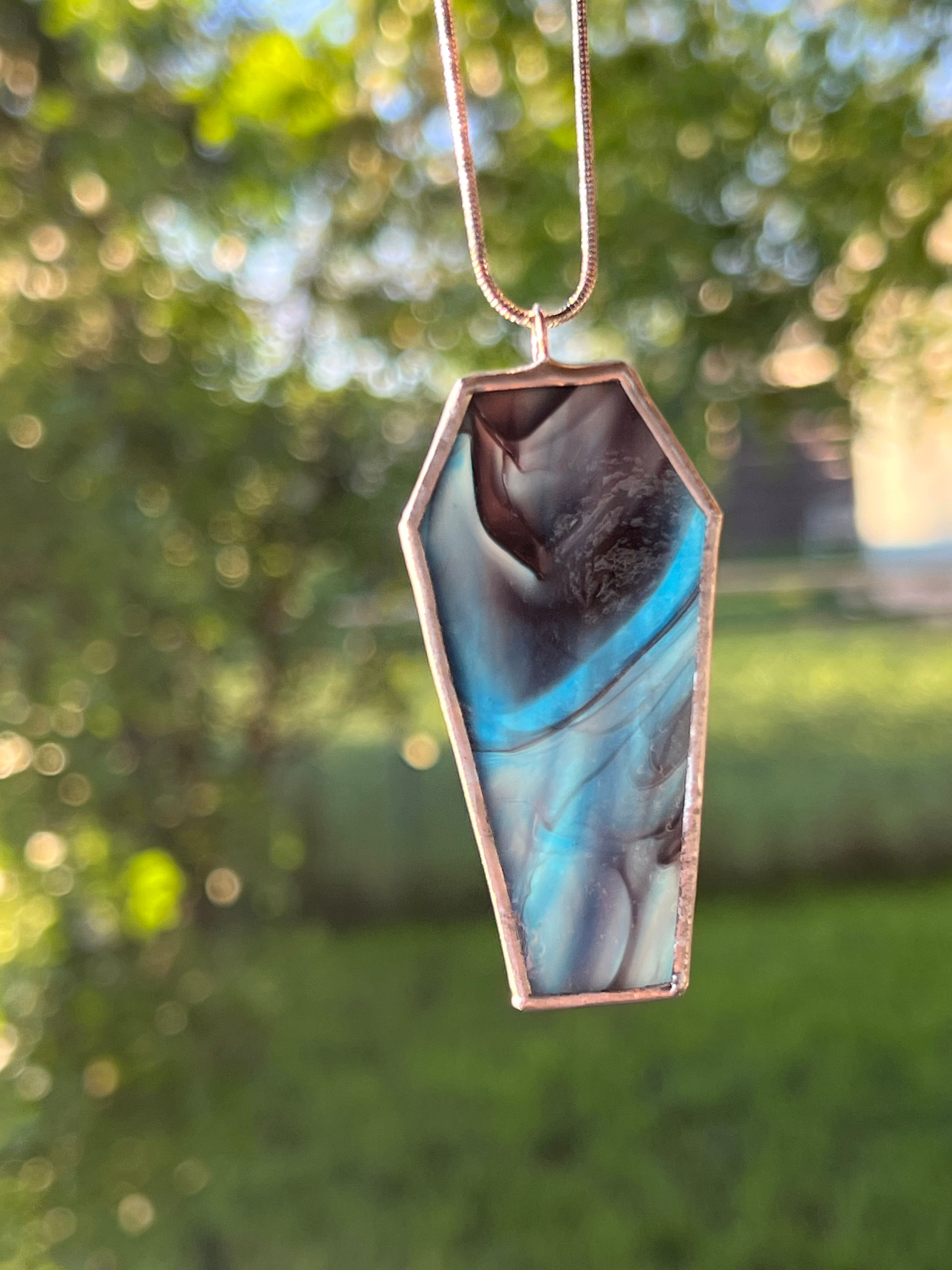 Multi Blue Color Stain Glass Coffin Pendant with Stainless Steel Chain