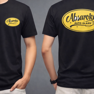 Black t-shirt featuring the Absaroka Auto Glass logo printed on the back.