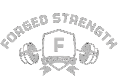 A logo reading "Forged Strength" arching over a barbell