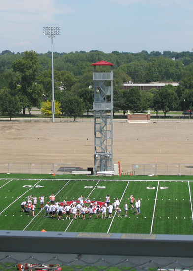 Sideline football tower viewed across adjacent practice field at Ohio State University