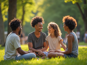 Four people sitting on grass in a park, laughing and chatting. Sunlight filters through trees, creating a warm, cheerful atmosphere.