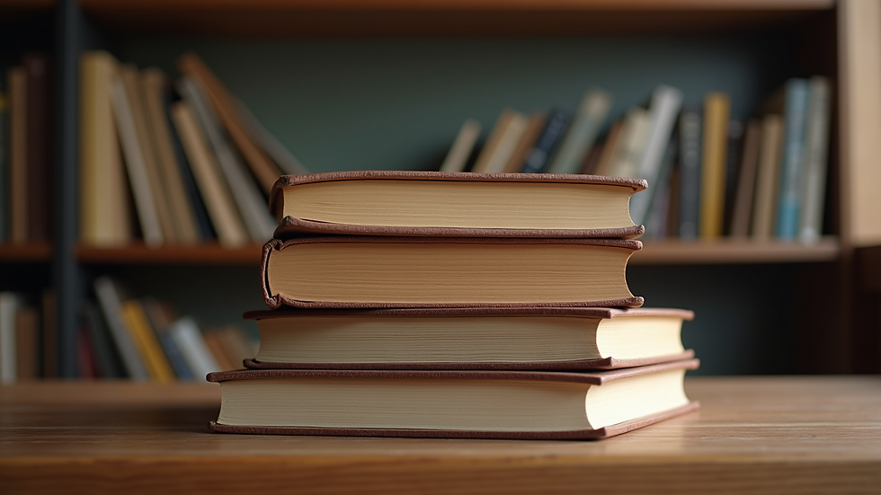 Eye-level view of a stack of legal books on a wooden table