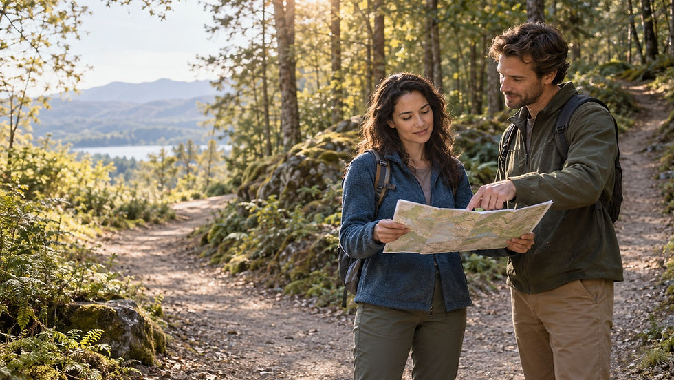 Two adults review a map together at a fork in a wooded trail, symbolizing support that offers perspective while respecting another person’s choices.