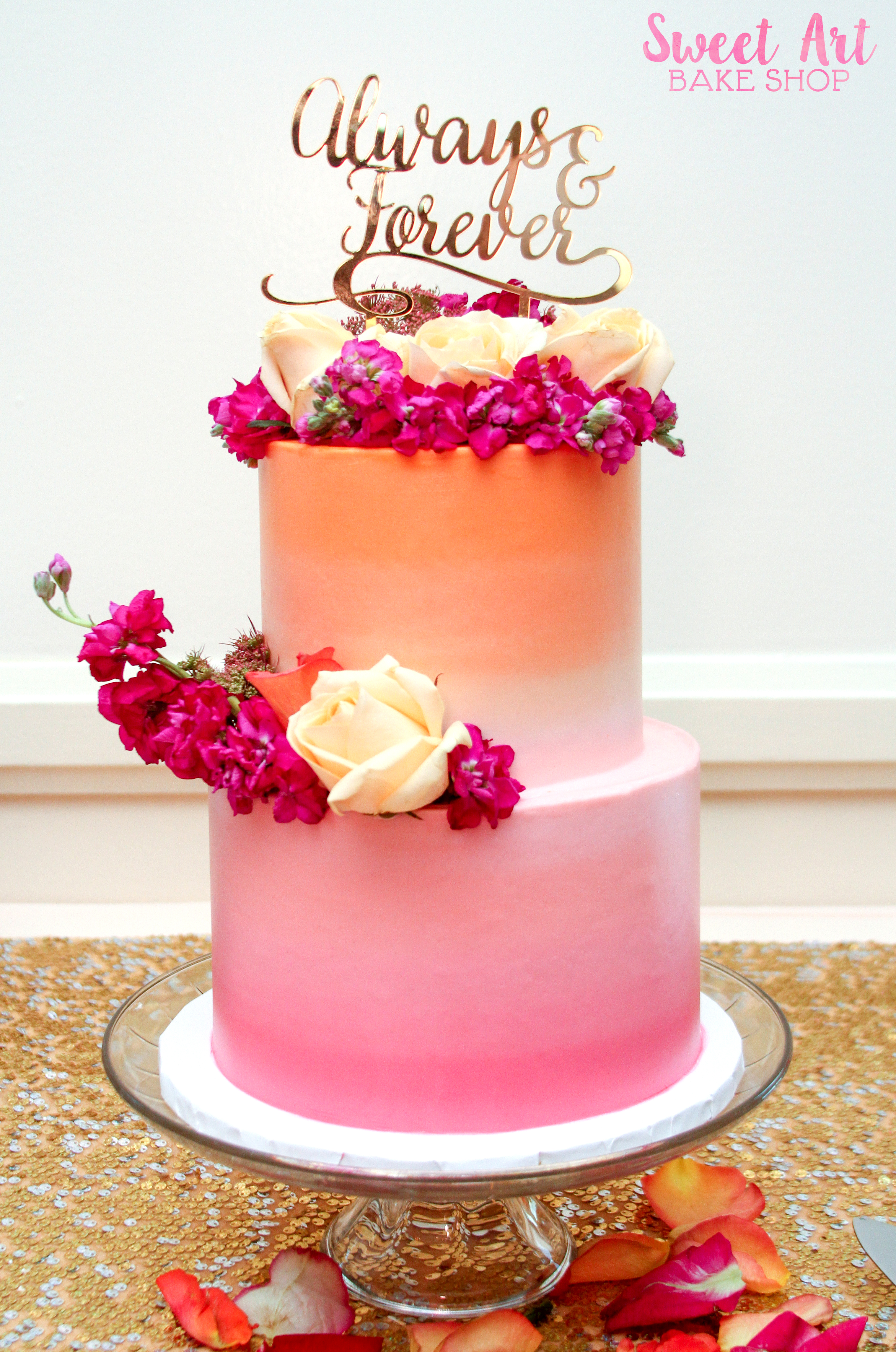 Pink Orange Ombre Wedding Cake