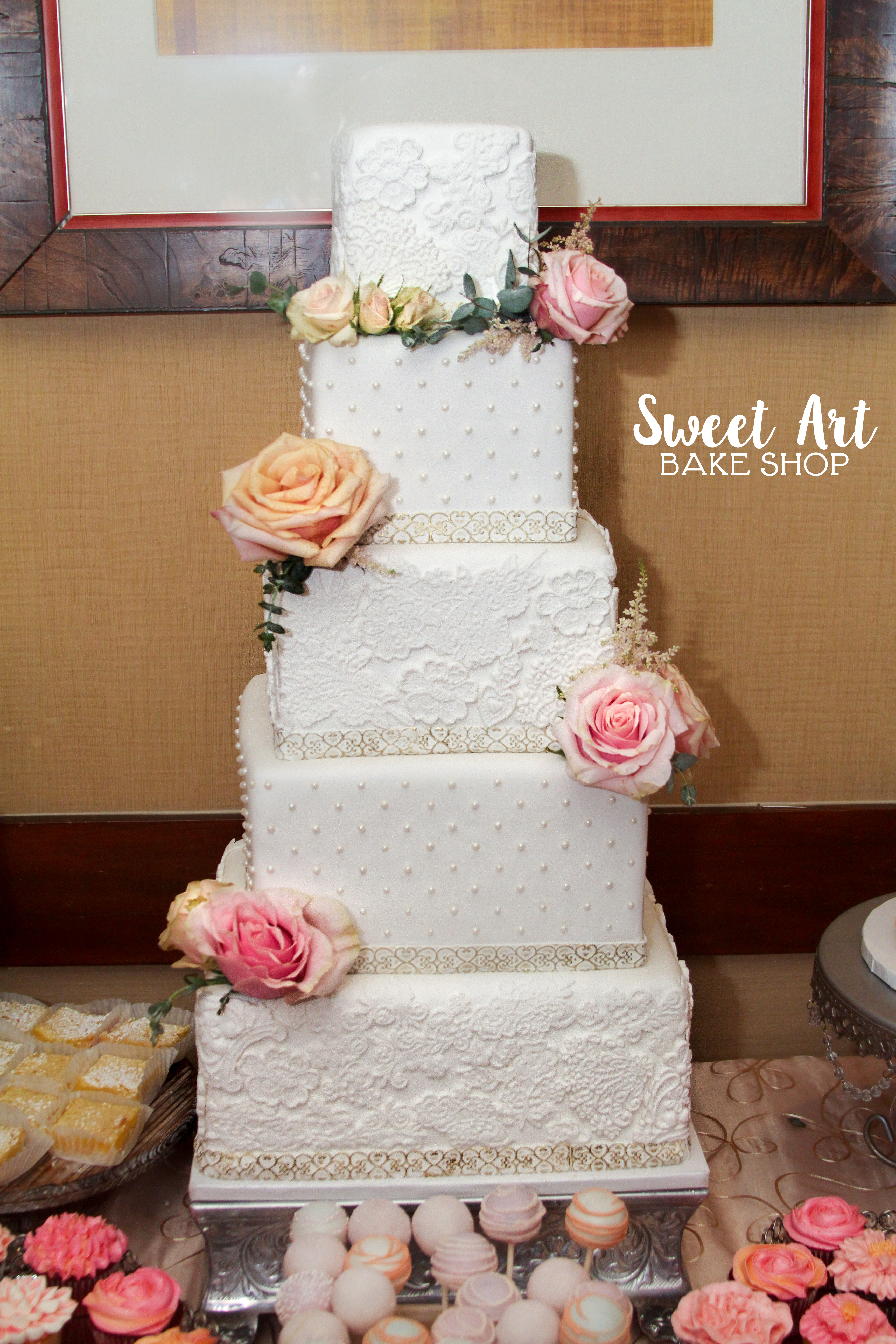 Lace & Swiss Dot Square Wedding Cake