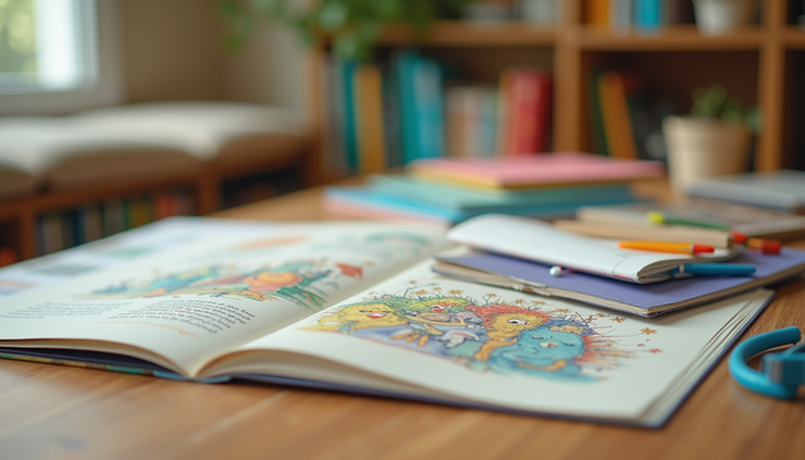 Eye-level view of a colorful storybook and educational materials spread on a wooden table