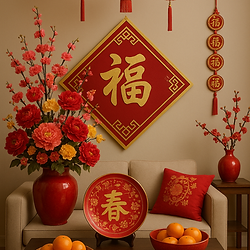 concept art for lunar new year floral decorations and lantern arrangements