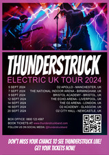 A vibrant tour poster with a black background and bold pink and white text. The top half features a high-energy image of a live rock performance, with musicians silhouetted against dramatic stage lighting in shades of pink, blue, and purple. Lightning-like effects overlay the image, adding an electric feel. The band's name, 'Thunderstruck,' is displayed in large, white, stylised text, with additional tour details in pink and white below. A QR code is positioned at the bottom right, and the entire design has a striking contrast of dark and neon tones.