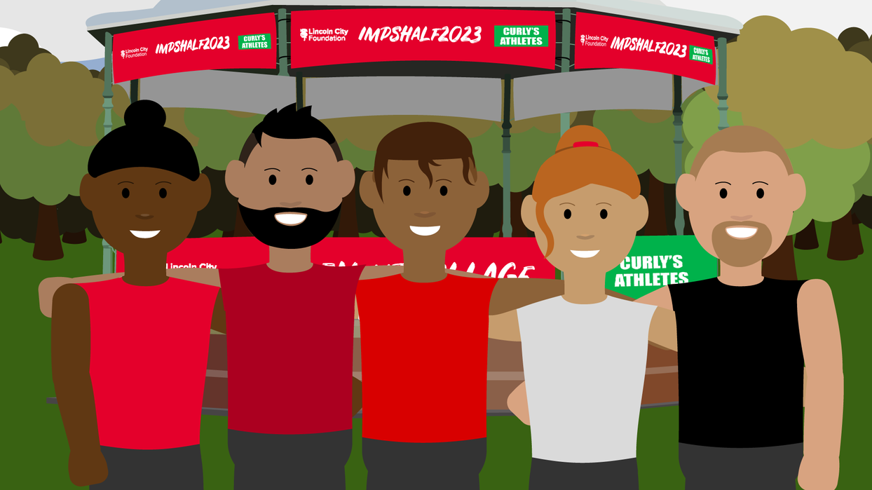 A simple digital illustration of five runners standing together in front of a bandstand in a park, created for the Lincoln City Half Marathon 2022. The runners are smiling, wearing athletic gear in red, black, and white, with event banners displayed on the bandstand.