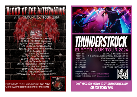 Promotional posters for two music tours: "Blood of the Alternative" 2016 and "Thunderstruck" 2024, featuring tour dates and venues.