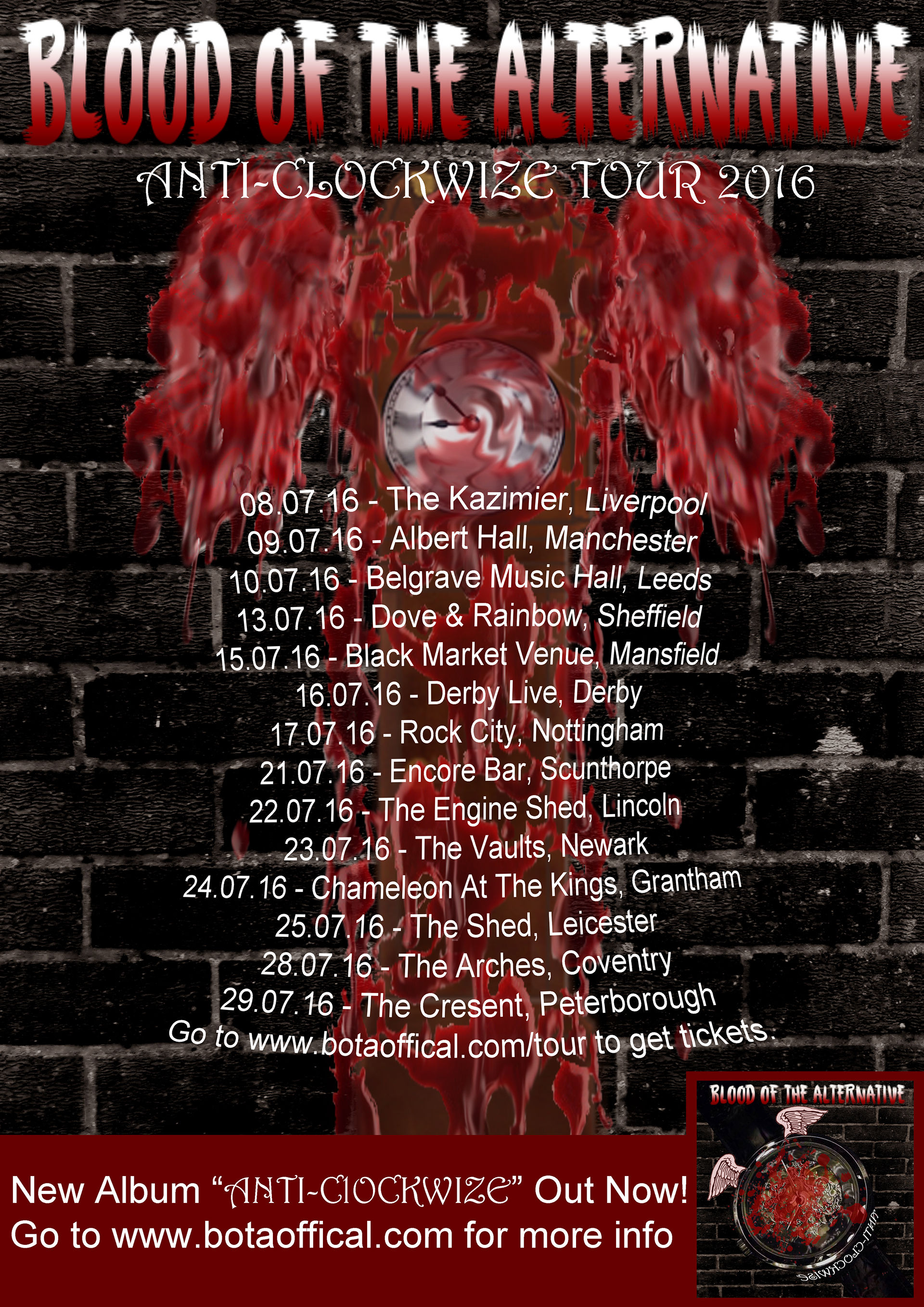 Promotional poster for "Blood of the Alternative" 2016 tour with blood-red graphics, tour dates, and album release information.