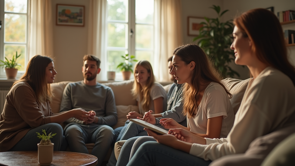 Eye-level view of a cozy living room with a family discussing together