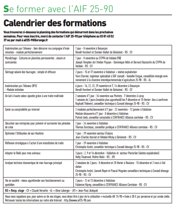 Calendrier des formations