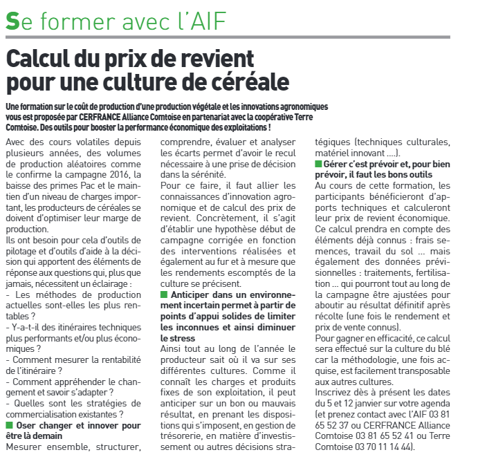 Calcul prix revient culture céréale