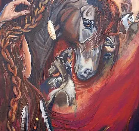 Painted in acrylic on canvas. It has elements symbols of Native American horse and Indians.
