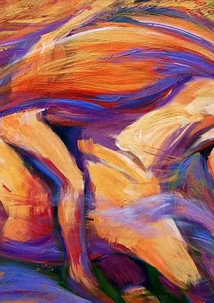 The raw connection between the rider, the horse, and nature. colourful painting