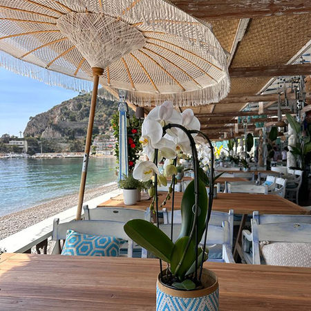 tropical decoration for restaurant room, oil teak table, colonial painted teak chair, macrame parasol, bedeck bamboo ceiling