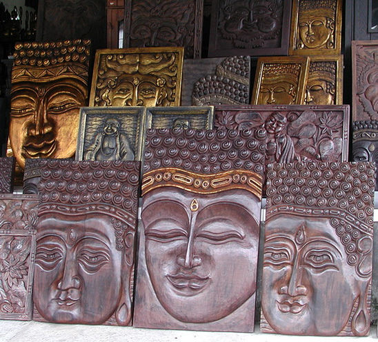 wall decoration buddha mask stylized in wood, handmade, bali, indonesia