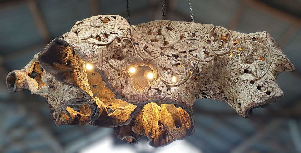 suspension in carved teak root, handmade, traditional style. bali, indonesia